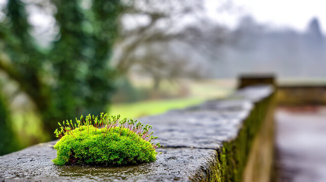 Green moss with purple flowers on a wet stone bridge