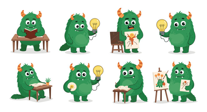 Cute green monster characters engaged in various learning and creative activities like reading books, drawing, and holding light bulbs.