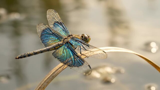 A stunning iridescent dragonfly with delicate wings perches on a dried plant stem its vibrant blue and green colors shimmering in the soft light