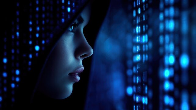 Person in hood facing blue digital light, creating a mysterious, futuristic atmosphere