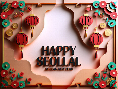 Colorful korean new year seollal celebration with lanterns flowers and traditional decorations in artistic frame design