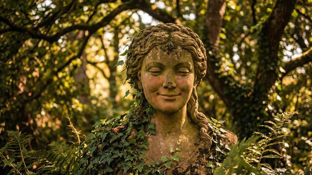 A stone statue of a woman adorned with leaves and flowers embodies nature s serene beauty It stands peacefully amidst lush greenery
