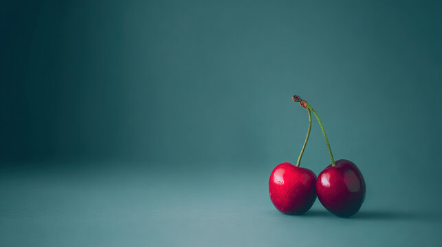 Two ripe cherries on a stem against a blue gradient background