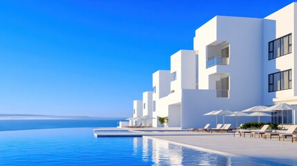 Obraz premium White buildings overlook a tranquil infinity pool with ocean views under a clear blue sky