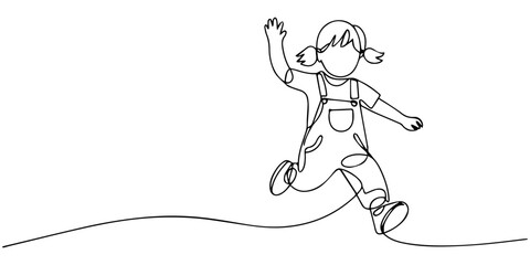 Fototapeta premium Little boy jumping outline drawing illustration. one continuous line drawing of happy little boy walking, Continuous line drawing of happy man boy children dancing and jumping, Modern illustration