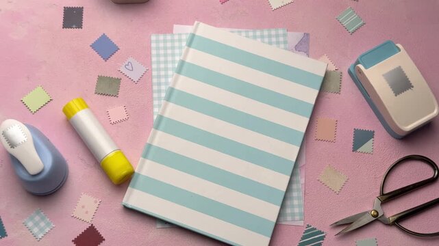 Scrapbooking supplies and notebook on pink background