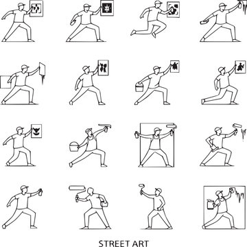 Set of 16 street art style human figure poses for design and animation templates