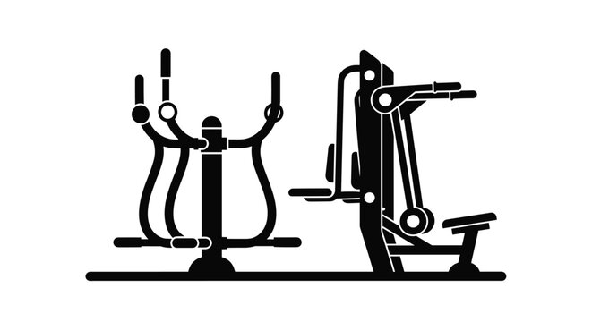 Professional gym fitness equipment silhouettes featuring a stationary elliptical trainer and a heavy-duty chest press machine set.