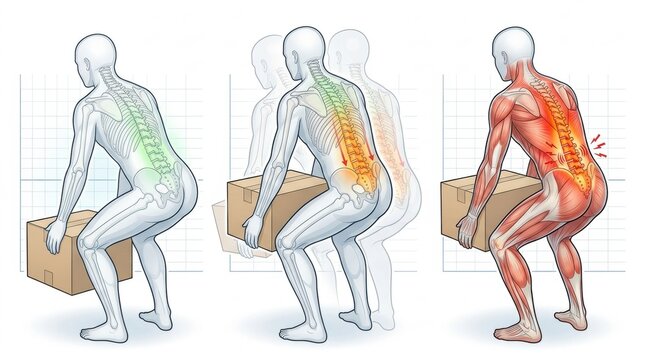Illustration showing correct and incorrect lifting techniques and their impact on the spine