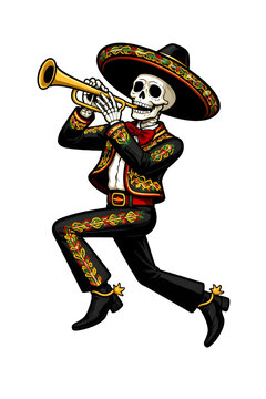 Mexican mariachi skeleton in traditional charro outfit playing trumpet, Day of the Dead (Dia de los Muertos) illustration isolated on transparent background