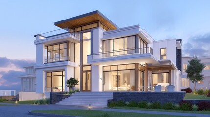 Fototapeta premium Modern two-story house with glass features, surrounded by greenery, under a soft blue sky