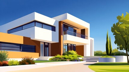 Fototapeta premium Modern house with sleek lines, large windows, lush gardens, and clear blue sky in sunny scene