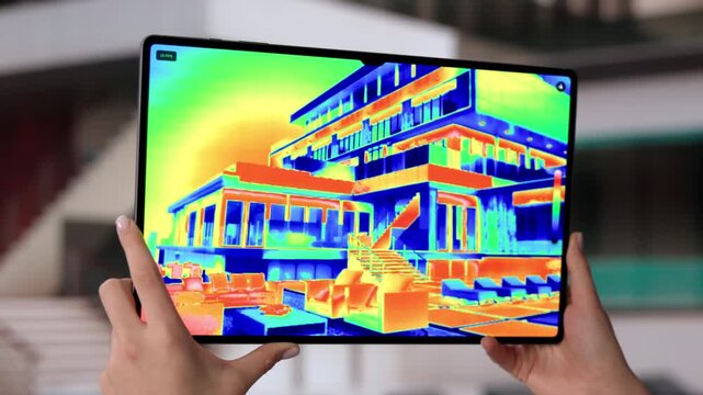 Energy Auditor Uses Infrared Camera Outside House Detecting Heat