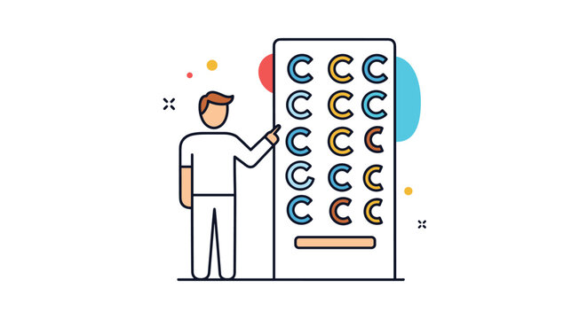 Medical illustration of a doctor or healthcare professional pointing to an eye exam chart with optotype symbols.