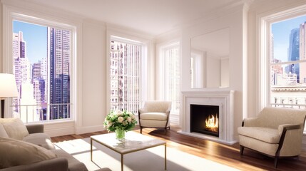 Naklejka premium Sunlit living room with elegant furniture, bright city views; cozy fireplace and fresh flowers