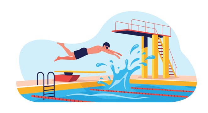 Dynamic illustration of a swimmer diving from a high board into a swimming pool with water splashing upwards.