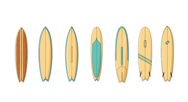 Variety of surfboard designs and shapes including longboards, fish tails, and pointed noses with different color accents.