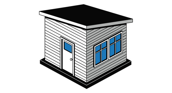 Isometric illustration of a modern small wooden shed or garden office with a black roof and blue window frames.