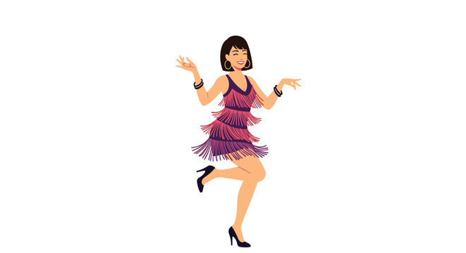 Energetic illustration of a stylish woman dancing in a purple and pink tiered fringe dress reminiscent of the roaring twenties.