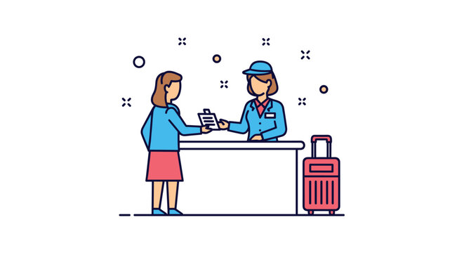Colorful illustration of a woman at an airport check-in counter being served by a uniformed staff member.