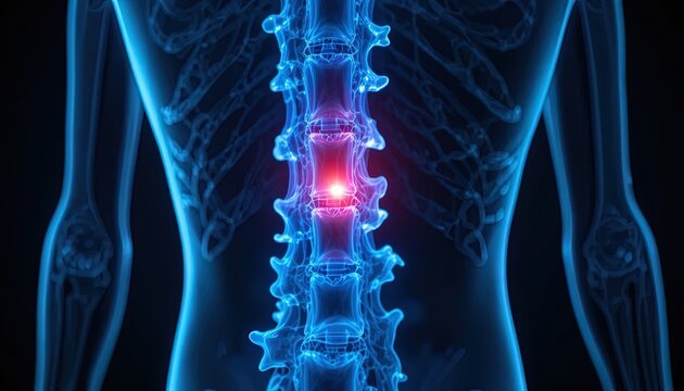 Lumbar Spine Pain Illustration: Anatomical View of the Human Vertebral Column with Highlighted Pain Area