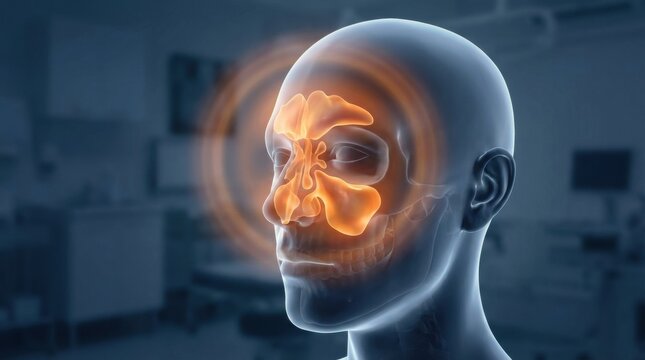 3D rendering of glowing inflamed sinuses within a human head anatomy