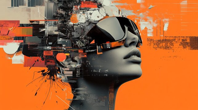 A futuristic woman wearing virtual reality goggles in a vibrant abstract digital artwork