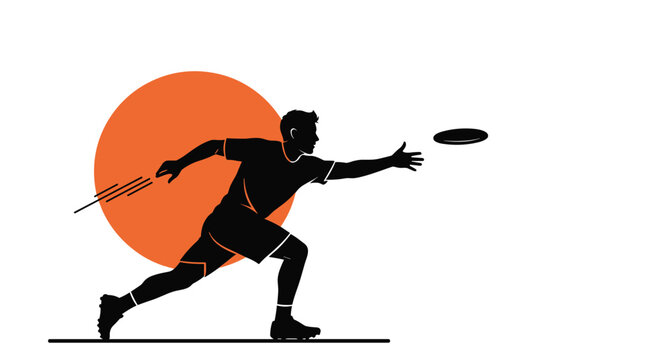 Silhouette of an ultimate frisbee player lunging forward to catch a disc against a large orange circular graphic background.