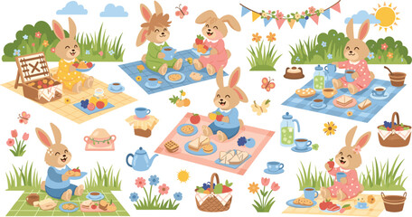 Obraz premium Cute Bunny Picnic Scene Set with Food, Tea, Basket, Flowers, and Spring Outdoor Elements for Kids and Easter Holiday Designs