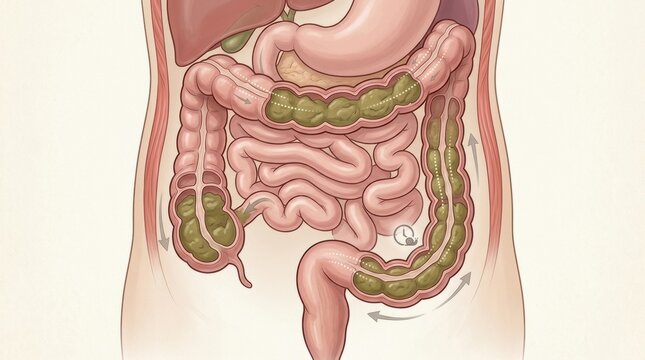 Illustration of the human digestive system showing slow intestinal transit and waste accumulation