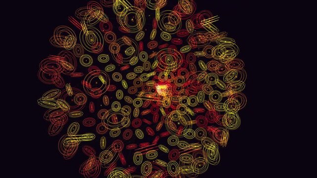massive, dense array of glowing toroidal plasma fields undergoes chaotic thermal agitation before forcefully aligning to a magnetic axis in a perfectly seamless loop. Ideal for VJ loops, scientific 