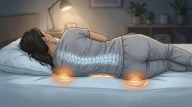 Woman sleeping on her side with highlighted spine and hip pain indicators