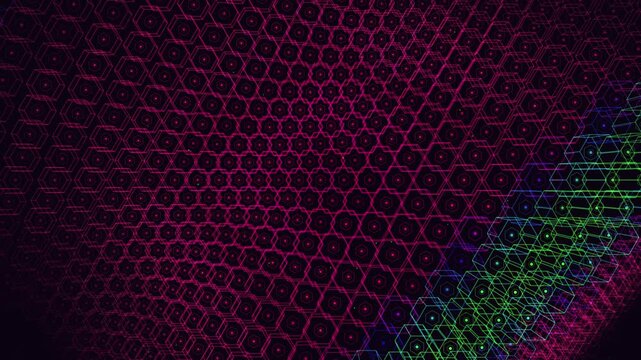 An intricate 3D honeycomb grid pulses with a synchronized green wave on a neon magenta foundation, representing global system optimization. Designed for AI and cloud infrastructure content.