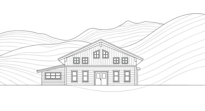 Architectural line drawing of a traditional alpine chalet or mountain house with many windows and gabled roofs against hills.