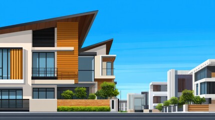 Obraz premium Modern homes line a sunlit street, showcasing sleek architecture and vibrant greenery under clear skies