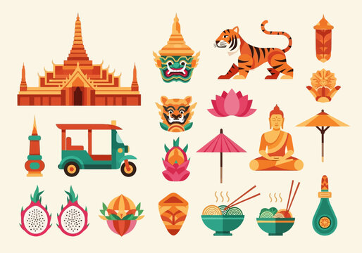 Thailand Cultural Symbols and Travel Icons Flat Vector Set - Featuring Tuk Tuk, Buddha, Grand Palace, Tiger, Noodle Bowl, and Dragon Fruit