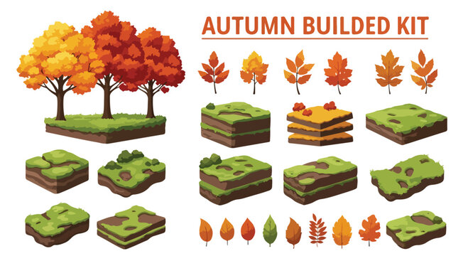Autumn Built Kit Vector with Isometric Trees, Leaves, and Grass Blocks