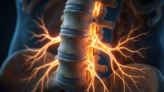 Close-up of glowing spinal nerves branching from the vertebrae