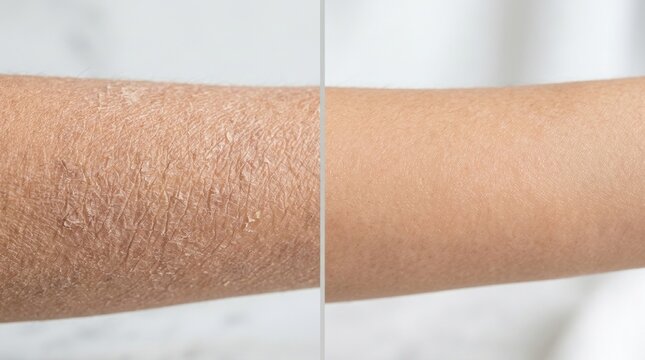 Comparison of dry, flaky skin versus smooth, hydrated skin on an arm