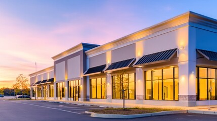 Obraz premium Contemporary retail building with large windows, sunset sky, and parking lot in urban landscape