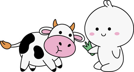 Naklejka premium Karakter Kawaii Lucu Memberi Makan Sapi Clipart Idul Adha