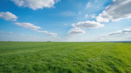 Obraz premium Vast green meadow under a bright blue sky with white clouds