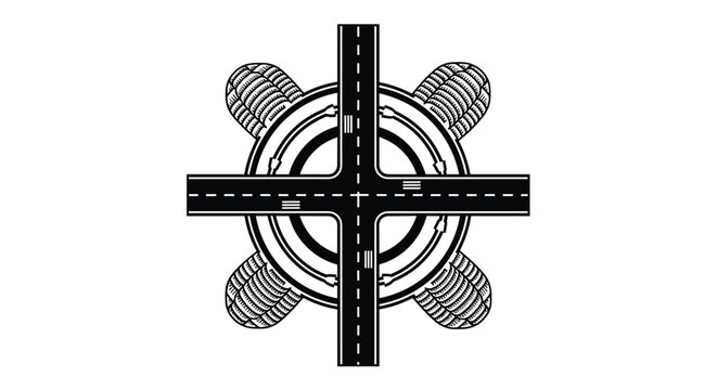 Detailed technical illustration of a road intersection with a circular roundabout and pedestrian crossings shown from a high-angle view.