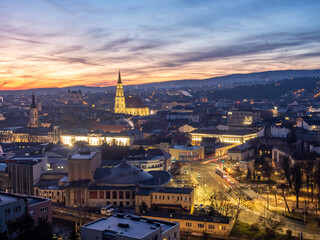 Naklejka premium Blue hour panorama of Cluj from Cetatuia Hill, Romania