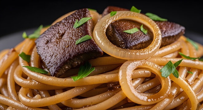 A delicious plate of bucatini pasta with seared liver and caramelized onions