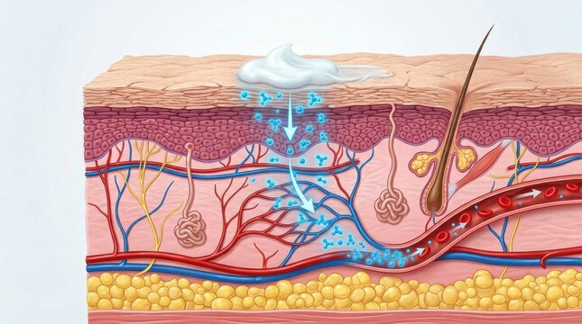 Transdermal absorption of active ingredients through skin layers into bloodstream