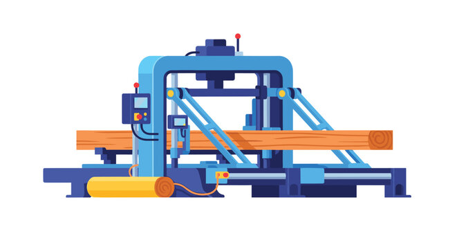 Large blue industrial machinery designed for sawing massive wooden logs into lumber within a sawmill or timber processing factory.