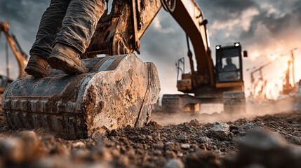 Fototapeta premium Dramatic Close Up of Excavator Bucket with Construction Worker Boots Industry