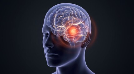 Obraz premium Glowing brain with highlighted area indicating pain or activity in a human head
