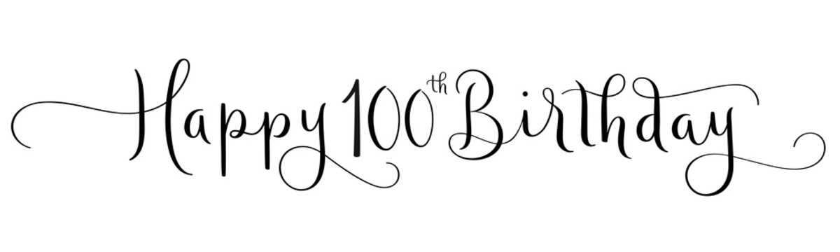 HAPPY 100th BIRTHDAY black brush calligraphy banner with flourishes on transparent background